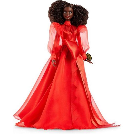 Barbie バービーコレクターのマテル75周年記念人形（12インチブルネットの巻き毛）の赤いシフォンガウン、人形スタンドと信頼性証明書付き