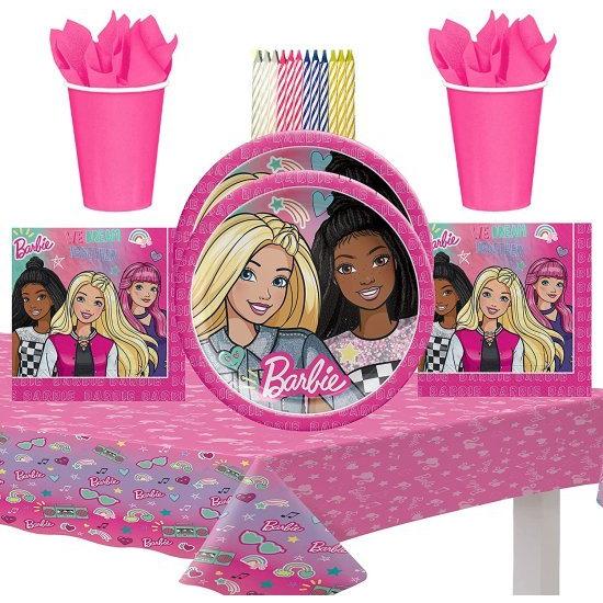Barbie バービー Dream Together Party Supplies Packは16：9 \"プレートランチョンナプキンスカップとLlilykai Birthday Candlesでテーブルカバーを提供します