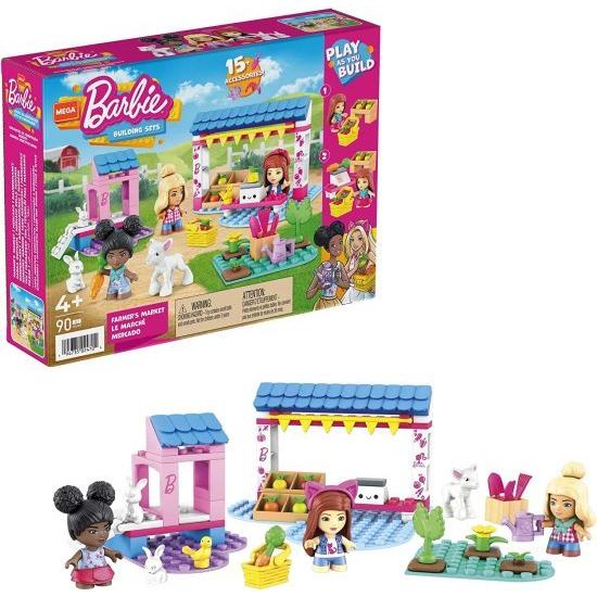 Barbie 90のレンガと特別なピース、アクセサリー、3つのマイクロドール、5歳以上のおもちゃギフトを備えたメガバービーファーマーズマーケットビルディングセ