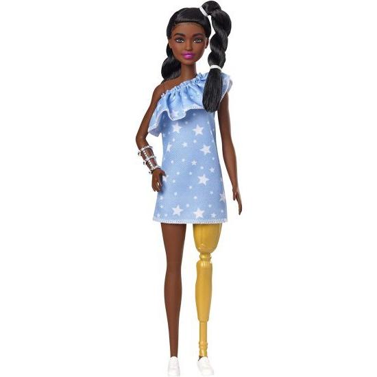 Barbie バービーファッショニスタドール＃146 2つのねじれた三つ編みと補綴脚を着た星印刷ドレス、白い靴と腕のブレスレット、子供向けのおもちゃ3-8歳