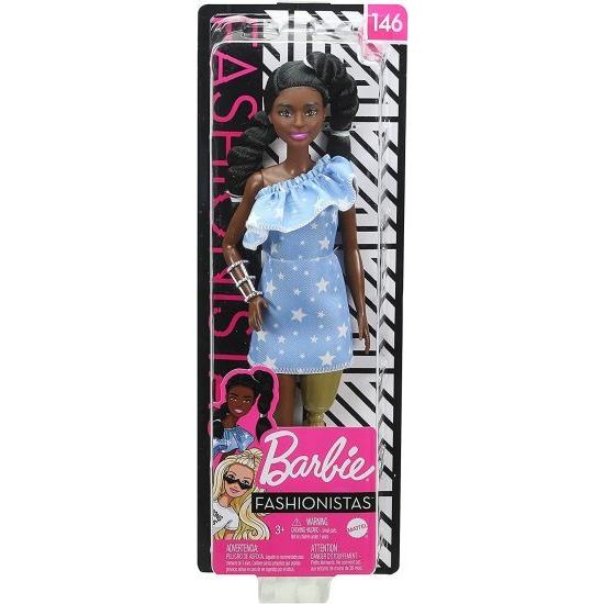 Barbie バービーファッショニスタドール＃146 2つのねじれた三つ編みと補綴脚を着た星印刷ドレス、白い靴と腕のブレスレット、子供向けのおもちゃ3-8歳_6