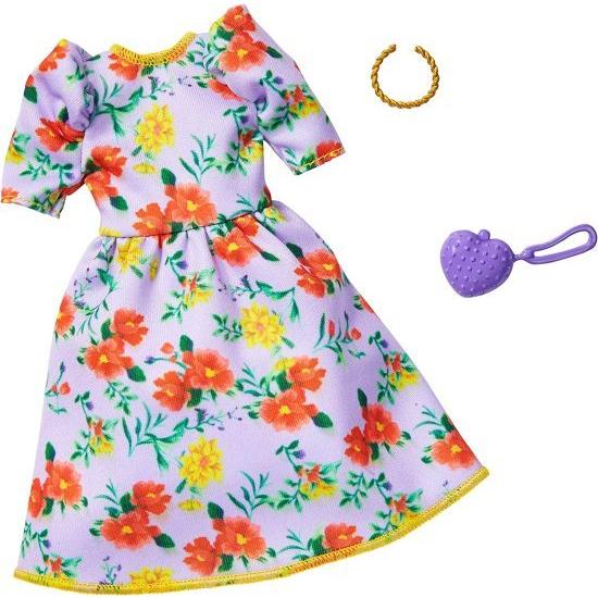 Barbie オレンジと黄色の花のドレス、ネックレス、ハート型の財布、3-8歳の子供用の人形服を添えたバービーファッションパック