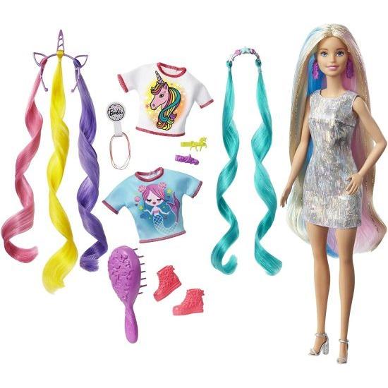 Barbie バービーファンタジーヘアドール、ブロンド、2つの装飾された王冠、人魚とユニコーンのルックス用の2つのトップスとアクセサリー、さらに3-7歳の子供用