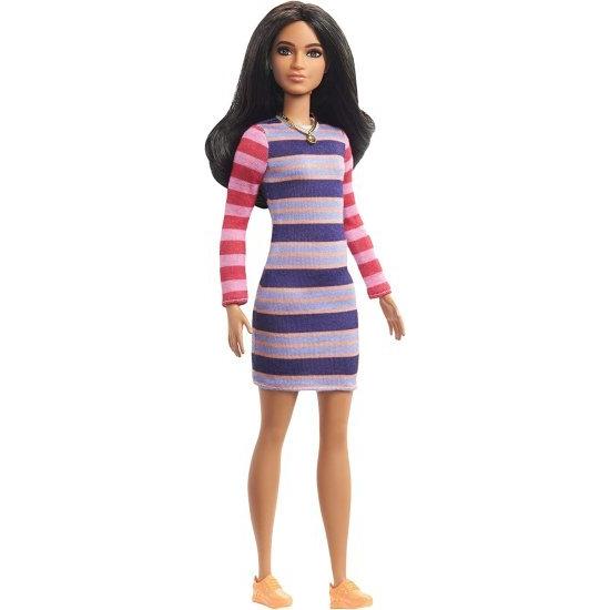 Barbie バービーファッショニスタドール＃147ストライプドレス、オレンジ色の靴とネックレス、3-8歳のおもちゃを着た長いブルネットの髪