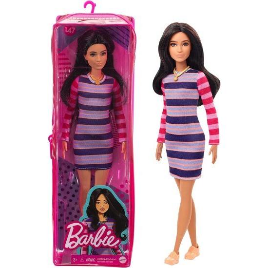 Barbie バービーファッショニスタドール＃147ストライプドレス、オレンジ色の靴とネックレス、3-8歳のおもちゃを着た長いブルネットの髪