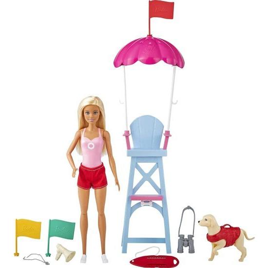 Barbie バービーライフガードプレイセット、ブロンドドール（12インチ）、水泳服、ライフガードチェア、傘、メガホン、双眼鏡、2つの旗、犬の姿など、3歳とア