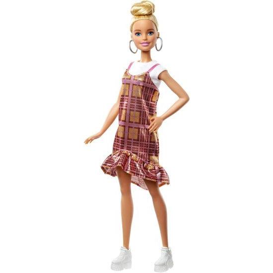 Barbie バービー Fashionistas Doll＃142 Blonde Updoの髪はピンクとゴールデンの格子縞のドレス、白いスニーカーとイヤリング、3-8歳の子供向けのおもちゃを｜worldsports