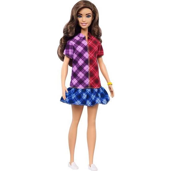 Barbie 3-8歳のための色遮断された格子縞のドレスとアクセサリーを着ている長いブルネットの髪を持つバービーファッショニスタドール