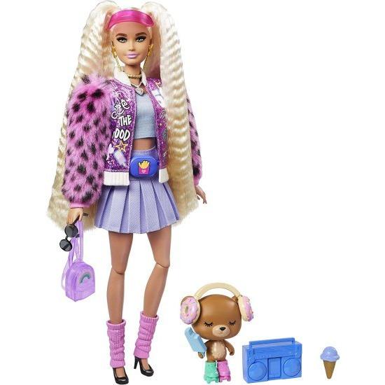 Barbie バービーエクストラドール＃8ピンクのキラキラしたバーシティジャケット、毛皮のような腕とペットテディベア、エクストラリングクリンプピグテール、レ