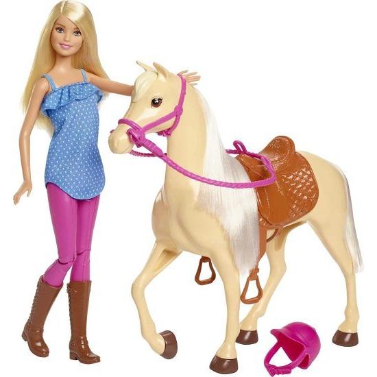 Barbie バービー人形、金髪、ヘルメット付きの乗馬服を着て、柔らかい白いたてがみと尾を備えた明るい茶色の馬、3-7歳の贈り物