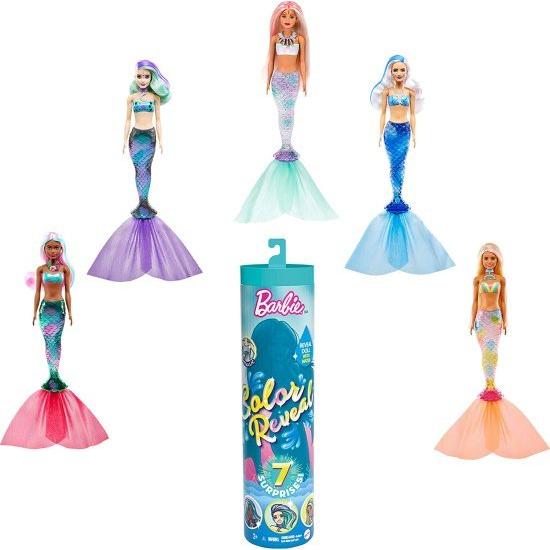 Barbie バービーの色は7つの驚きで人形を明らかにします：4つのミステリーバッグには、驚きの人魚の尾、靴、ネックレス、スポンジが含まれています。水は金属