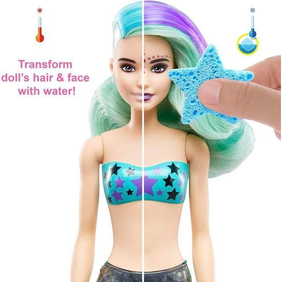 Barbie バービーの色は7つの驚きで人形を明らかにします：4つのミステリーバッグには、驚きの人魚の尾、靴、ネックレス、スポンジが含まれています。水は金属の画像