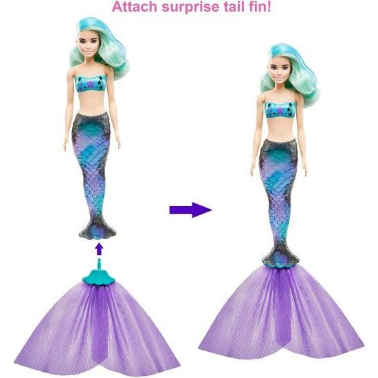 Barbie バービーの色は7つの驚きで人形を明らかにします：4つのミステリーバッグには、驚きの人魚の尾、靴、ネックレス、スポンジが含まれています。水は金属の画像