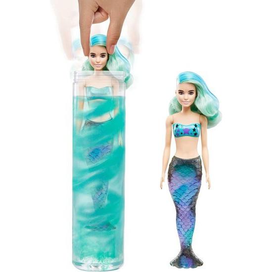 Barbie バービーの色は7つの驚きで人形を明らかにします：4つのミステリーバッグには、驚きの人魚の尾、靴、ネックレス、スポンジが含まれています。水は金属の画像