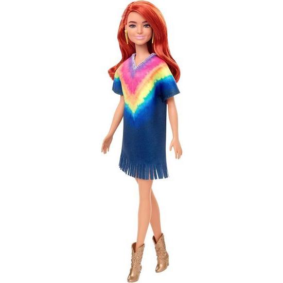 Barbie バービーファッショニスタドール＃141絞りぬフリンジドレス、ゴールデンブーツ、イヤリング、3-8歳のおもちゃを着た長い赤い髪