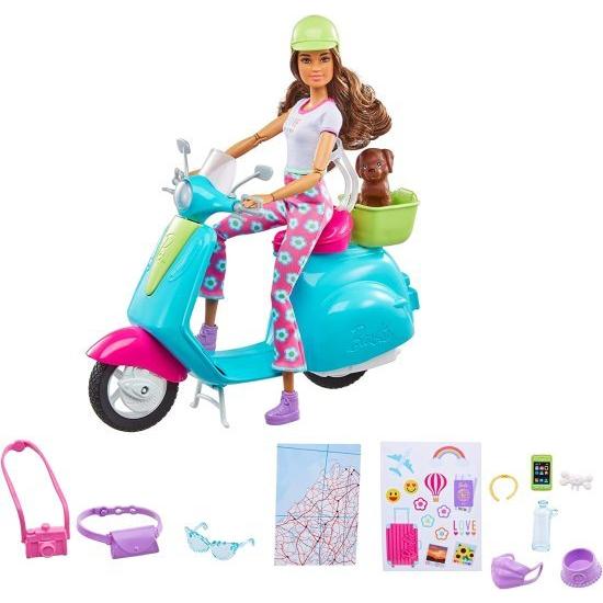 Barbie ファッショニスタトラベルドール（ブルネットで11.5）とスクーター、ペットの子犬、ステッカー、トラベルアクセサリー、3-7歳のギフトとのバービー旅行
