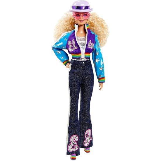 Barbie エルトンジョンバービーコレクタードール（12インチ、カーリーブロンドの髪）ボンバージャケットとフレアデニムのドールスタンドと信頼性の証明書付き