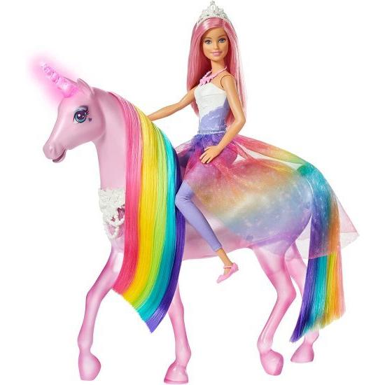 Barbie バービードリームトピアマジカルライト虹色のたてがみ、ライトとサウンド、ピンクの髪とフードアクセサリーのバービープリンセスドール、3-7歳の贈り物