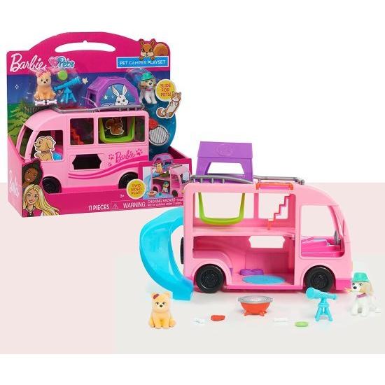 Barbie バービーペットキャンピングカー、11ピース、おもちゃのフィギュア、プレイセット、子供のおもちゃを演奏するだけで3歳まで