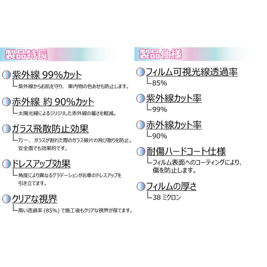 遮熱 オーロラフィルム(サイレントタイプ) 85％ ハイエース 200系 (3〜5型) カット済みカーフィルム フロントドア用｜worldwindow｜04