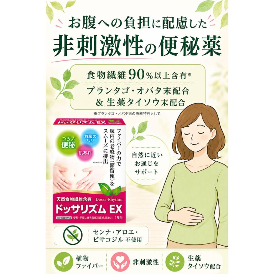 便秘薬 非刺激性 お腹が痛くなりにくい ドッサリズムEX 15包 食物繊維 生薬 タイソウ配合 便秘 コロコロ便 お腹の張り 腹部膨満感 肌荒れ 個包装 指定医薬部外品 | ドッサリズム | 01