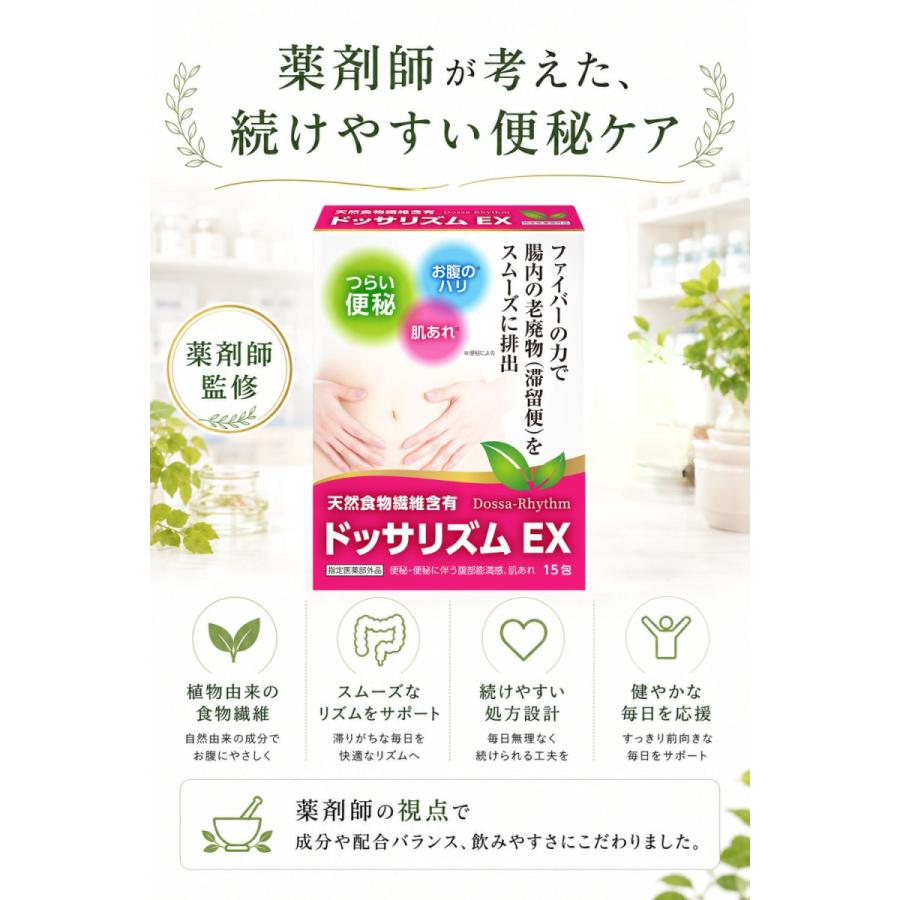 便秘薬 非刺激性 お腹が痛くなりにくい ドッサリズムEX 15包 食物繊維 生薬 タイソウ配合 便秘 コロコロ便 お腹の張り 腹部膨満感 肌荒れ 個包装 指定医薬部外品 | ドッサリズム | 08