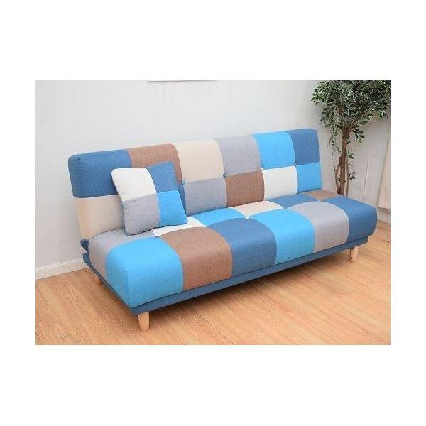 パッチワーク柄 ソファーベッド/ローソファー 【ブルー】 幅182cm 背もたれ パッチワーク柄 ソファーベッド/ローソファー 【ブルー】 幅182cm 背もたれ