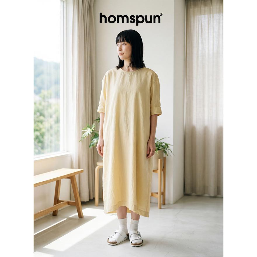 homspun - 美品。homspun ホームスパン　チュニック homspun（ホームスパン） リネンバイオ半袖プルオーバーワンピース