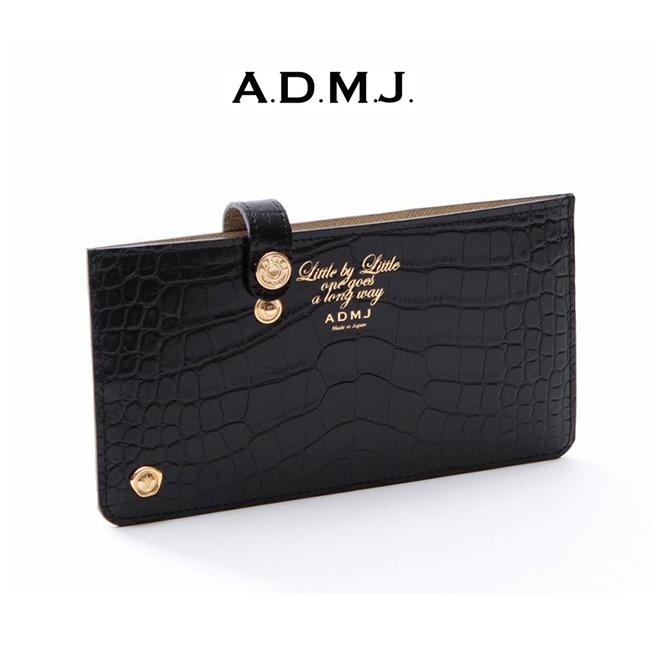 【美品】A.D.M.J. クロコ型押し スリムウォレット 長財布 ネイビー A.D.M.J（エーディーエムジェイ） A.D.M.J(エーディーエムジェー