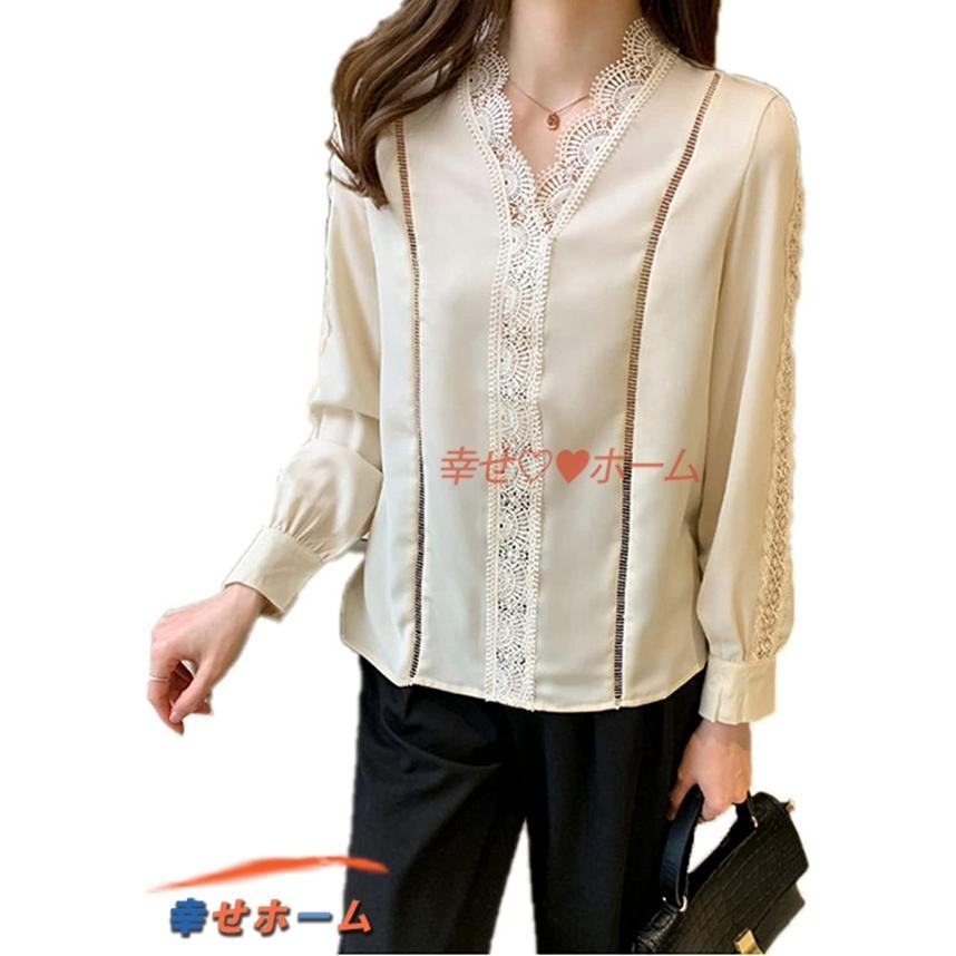 公式の Tシャツ カットソー レディース シャツ ブラウス 長袖 ブラウスシャツ レディース シャツ ブラウス Vネック ブラウスシャツ レース 長袖 白 ブラウスシャツ スーツ 春 プルオーバー ホワイト 大人 夏 母 Www Threeriversofs Com