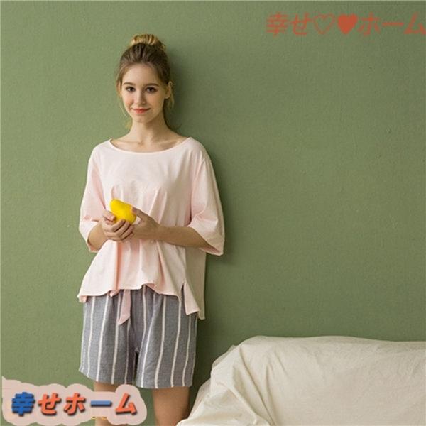 レディース 綿 夏 ルームウェア ストライプ 女性 パジャマ 半袖 Tシャツ 春 2点セット ショートパンツ ホームウェア 薄手 快適 国産
