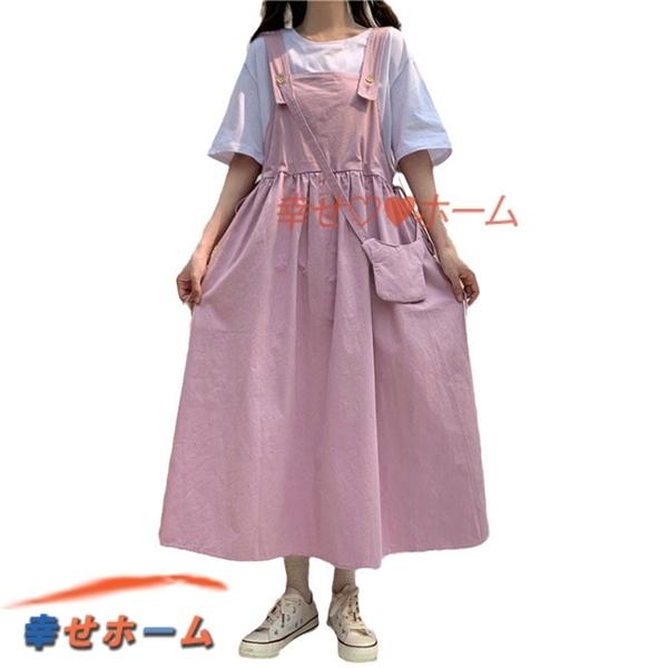 ワンピース ロング ジャンパースカート レディース 春夏 ポケット付き マキシ 無地 女の子 ゆったり 森ガール かわいい ノースリーブ ランキング 第1位