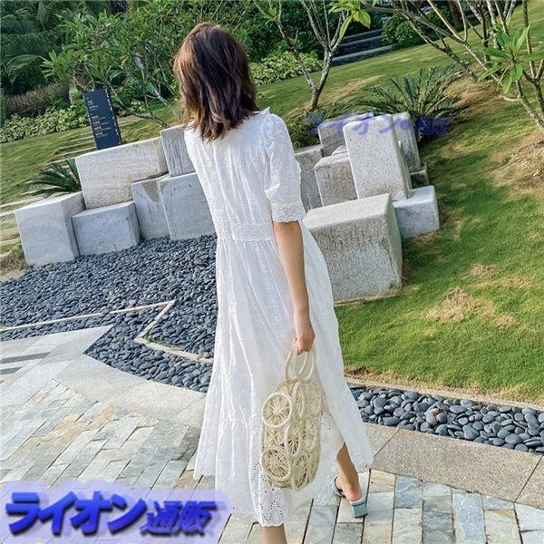 印象のデザイン ゆったり ワンピース レディース 夏用 コットン 優しい マキシ かわいい Vネック お洒落 刺繍 肌触り 薄手 ホワイト 着痩せ ドレス ワンピース カラー ホワイト