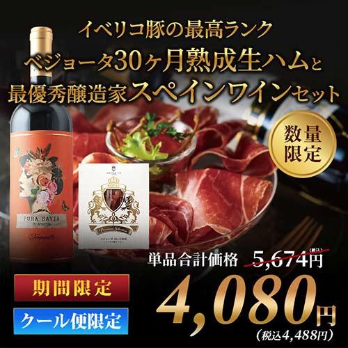 クール便限定！「13」イベリコ豚上級ランク　ベジョータ30ヵ月熟成生ハムと最優秀醸造家スペイン赤ワインセット | 