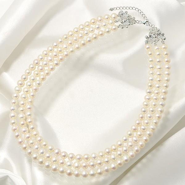 淡水真珠 3連ネックレス ジャッキーパール風 ホワイト系 6.5-7.0mm B〜CC