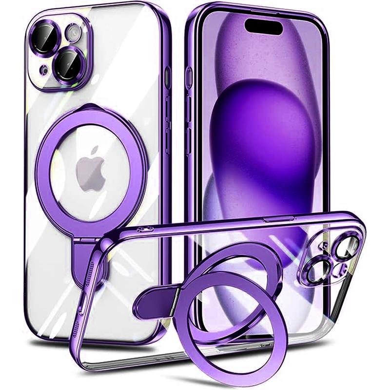 iPhone13Pro リング付き ソフトケース 軽量 片手操作可能 パープル MagSafe対応 iPhone ソフト ケース リング付き 耐衝撃 メッキ バンパー