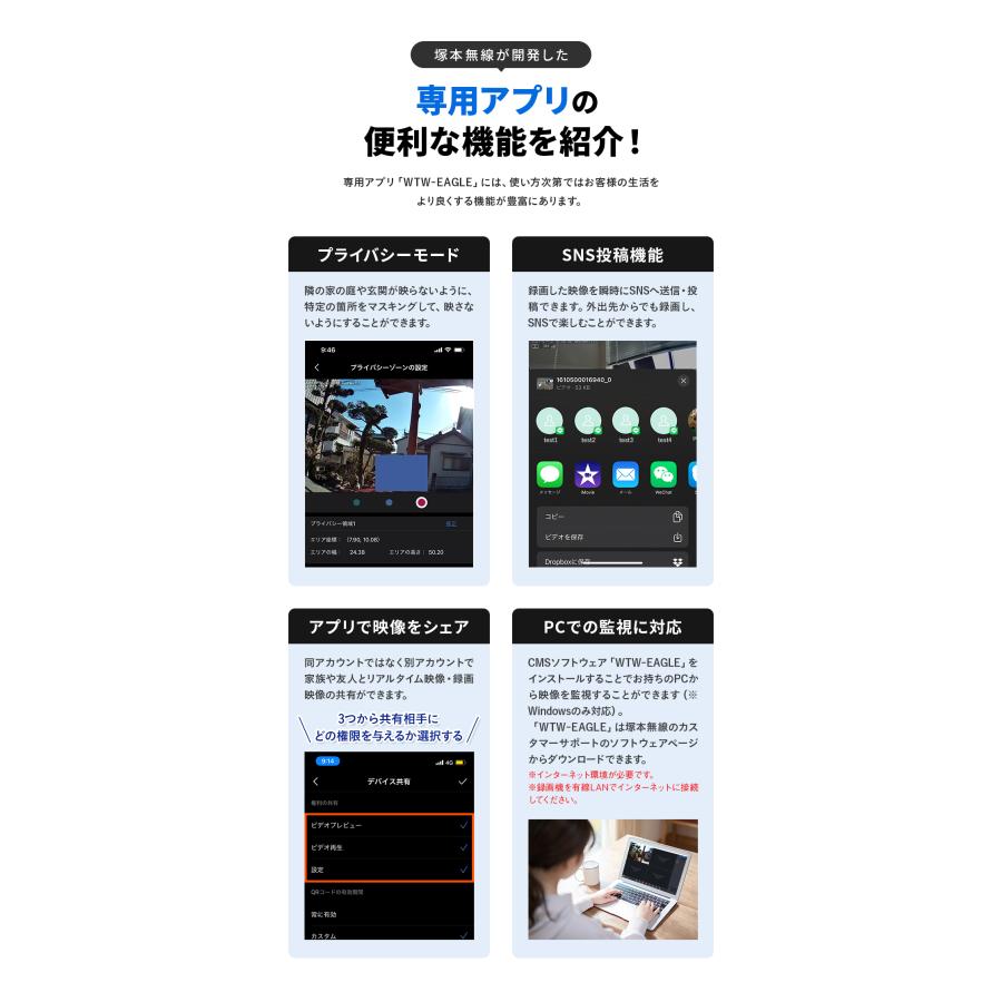 防犯カメラ 屋外 ワイヤレス 300万画素 自動追跡 ドーム型 ゴマちゃん2Plus | WTW 塚本無線 | 14