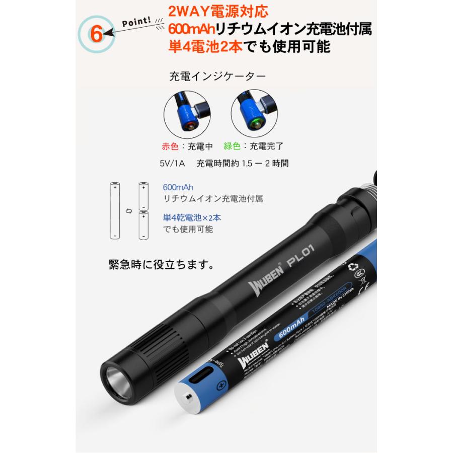 【爆買】WUBEN【PL01】ペンライト 超小型軽量 LED懐中電灯 ledハンディライト フラッシュライト 明るさ最大650ルーメン[TYPE-C充電] | WUBEN | 12