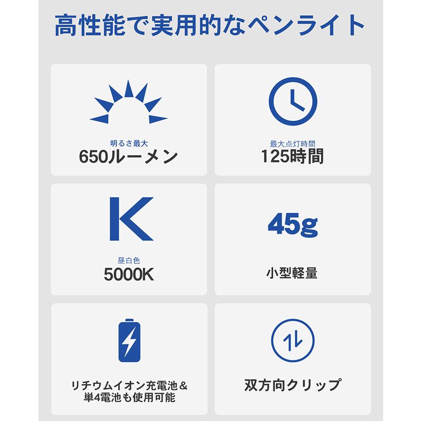 【爆買】WUBEN【PL01】ペンライト 超小型軽量 LED懐中電灯 ledハンディライト フラッシュライト 明るさ最大650ルーメン[TYPE-C充電] | WUBEN | 05