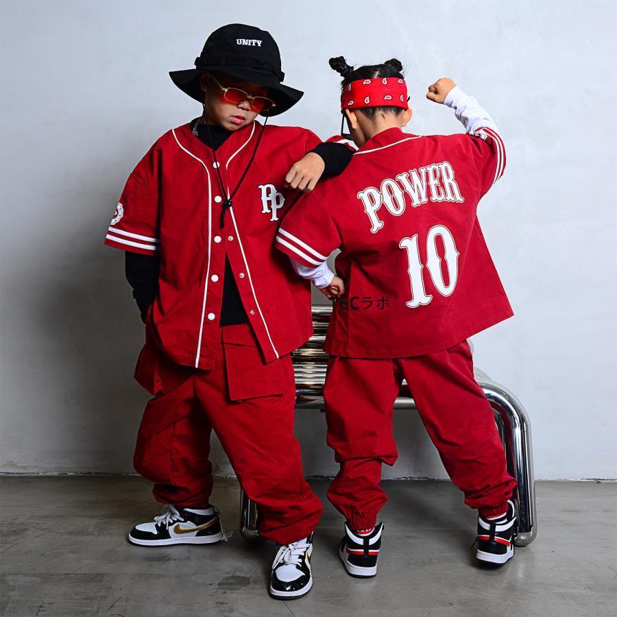 キッズ ダンス ベースボール シャツ 衣装 ワインレッド 赤 野球 練習着 