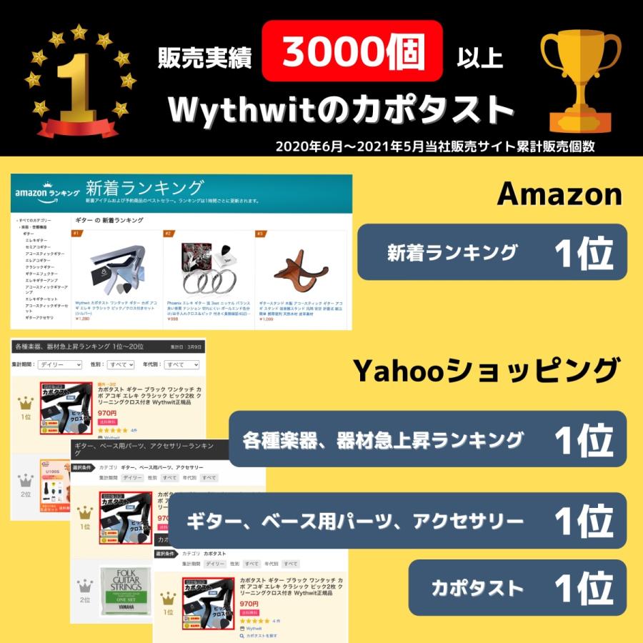 カポタスト ギター ブラック ワンタッチ カポ アコギ エレキ クラシック ピック2枚 クリーニングクロス付き Wythwit正規品｜wythwit｜02