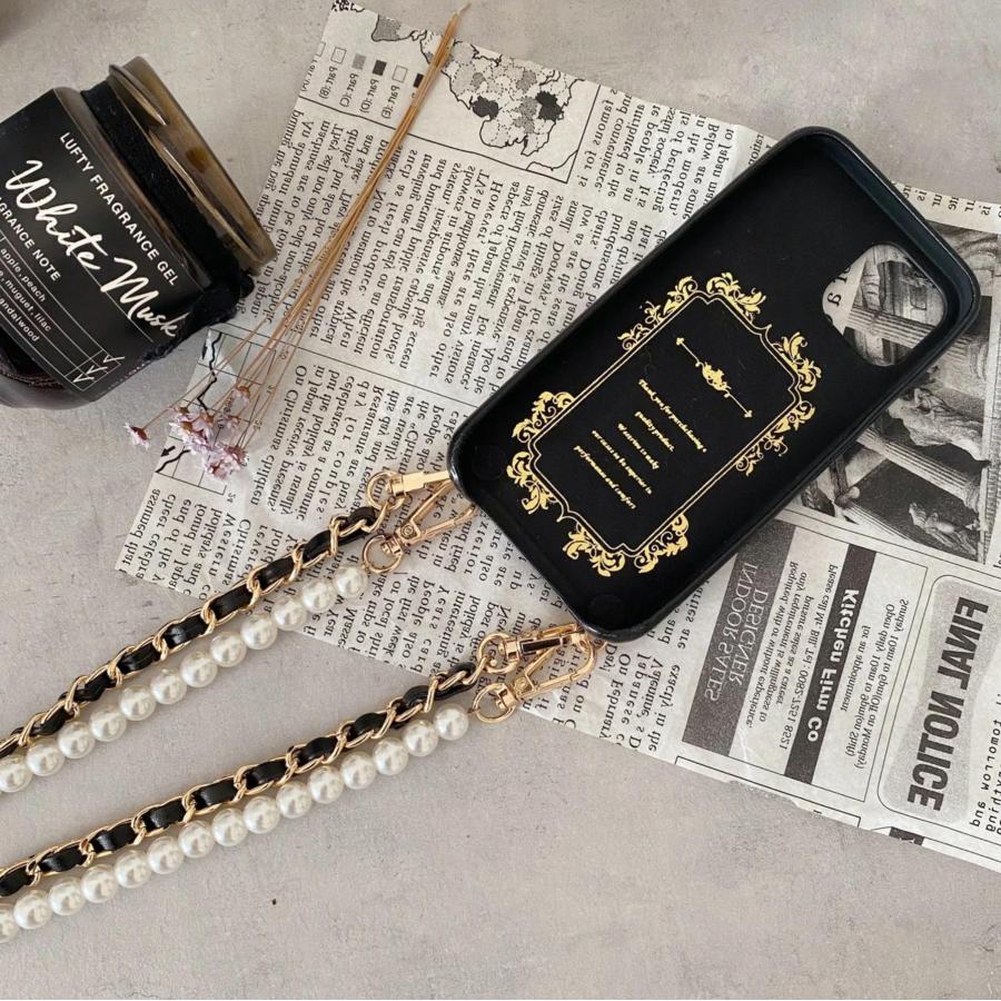 iPhoneストラップ レザーケース チェーン&パールストラップ スマホ