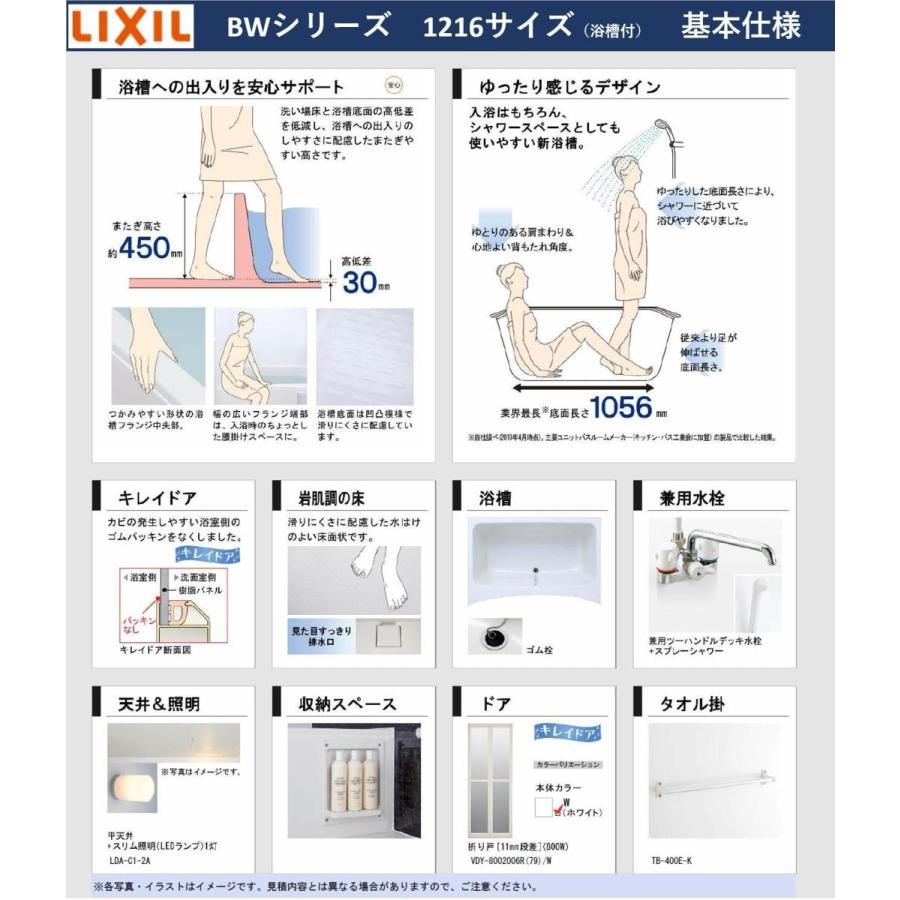 基本仕様　LIXIL　BW-1216LBE　1216サイズ　BWシリーズ　ツーハンドル水栓タイプ　集合住宅用ユニットバスルーム　(オプション対応，メーカー直送）