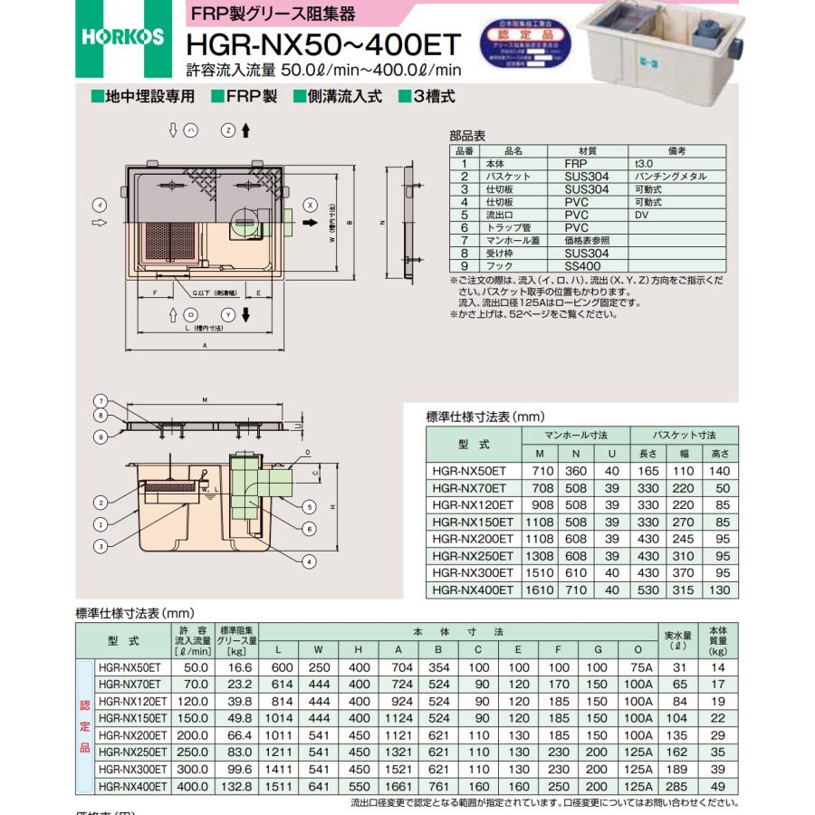 ホーコス認定品 FRP製深型 グリース阻集器 HGR-NX120ET 外径924 ホーコス認定品 FRP製深型 グリース阻集器 HGR-NX120ET 外径924
