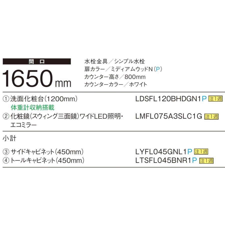 TOTO　洗面化粧台4点セット　オクターブスリム　エコなし）　三面鏡(ワイドLED　化粧台本体1200(LDSFL120BHDGN2　間口1650　サイドキャビネット