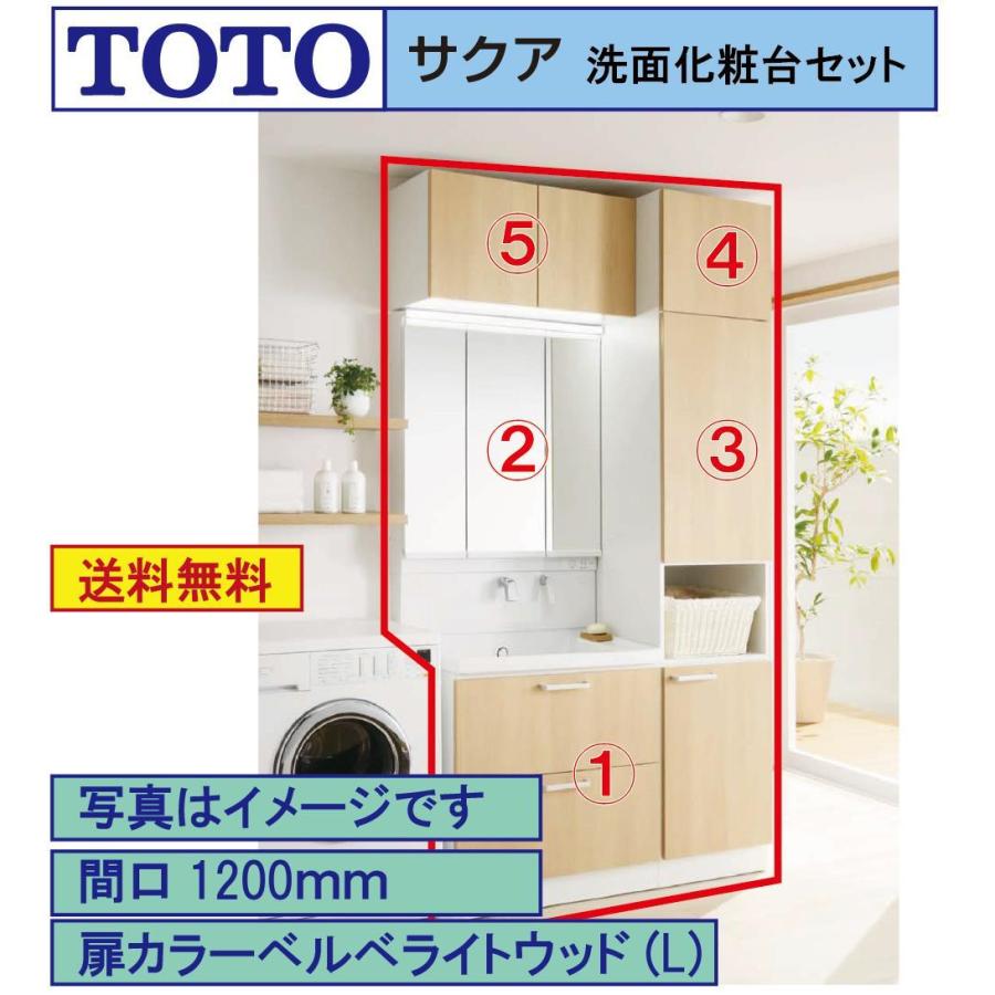 TOTO　洗面化粧台5点セット　サクア　ウォールキャビネットｘ2　三面鏡エコミラー有り　間口1200　化粧台本体750　トールキャビネットランドリータイプ