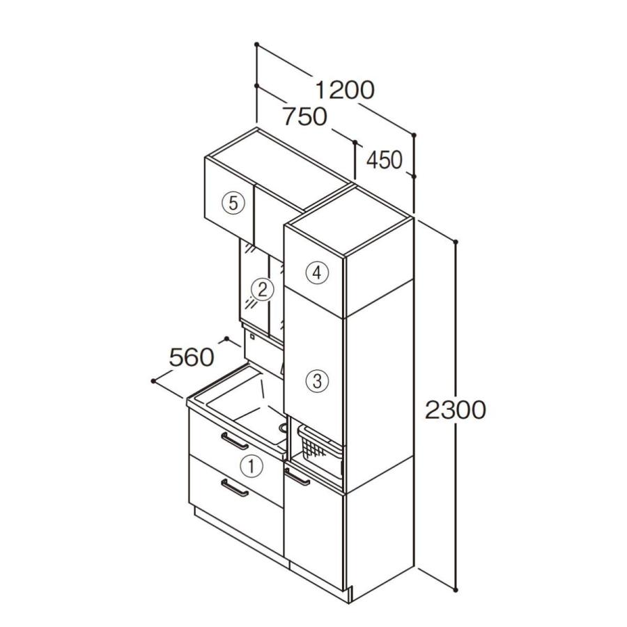 TOTO　洗面化粧台5点セット　サクア　間口1200　ウォールキャビネットｘ2　化粧台本体750　トールキャビネットランドリータイプ　三面鏡エコミラー有り