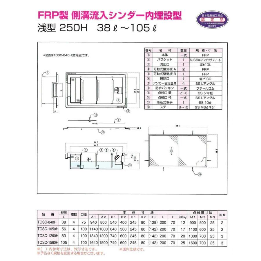 TOSC-1560H FRP製側溝流入シンダー内埋設型 PP型 浅型250H 38L-105L