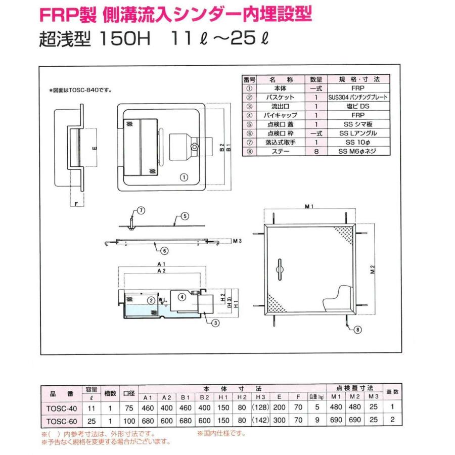 TOSC-60 FRP製側溝流入シンダー内埋設型 PP型 超浅型150H 11L-25L