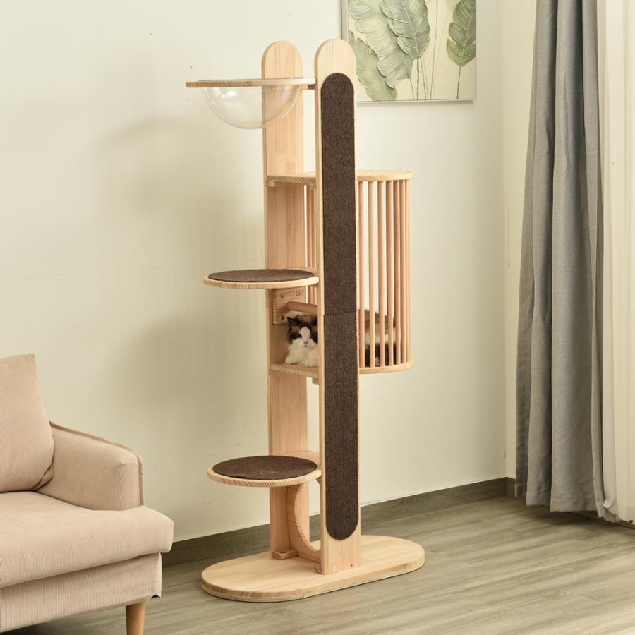 キャットタワー 木製 天然木 宇宙船付き 猫ハウス 頑丈 据え置き おしゃれ 可愛い麻紐 爪とぎ支柱 安全安心 ペット用品 ペット 通気性良い | 